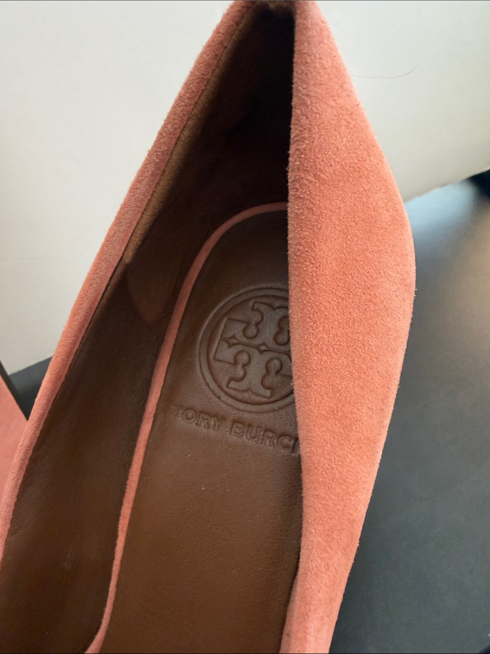 Tory Burch Coral Suede Peep-Toe Block Heels - Picture 4 of 6